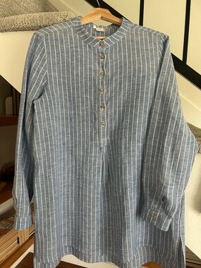 Women's Blue Striped Tunic Top with Button Placket